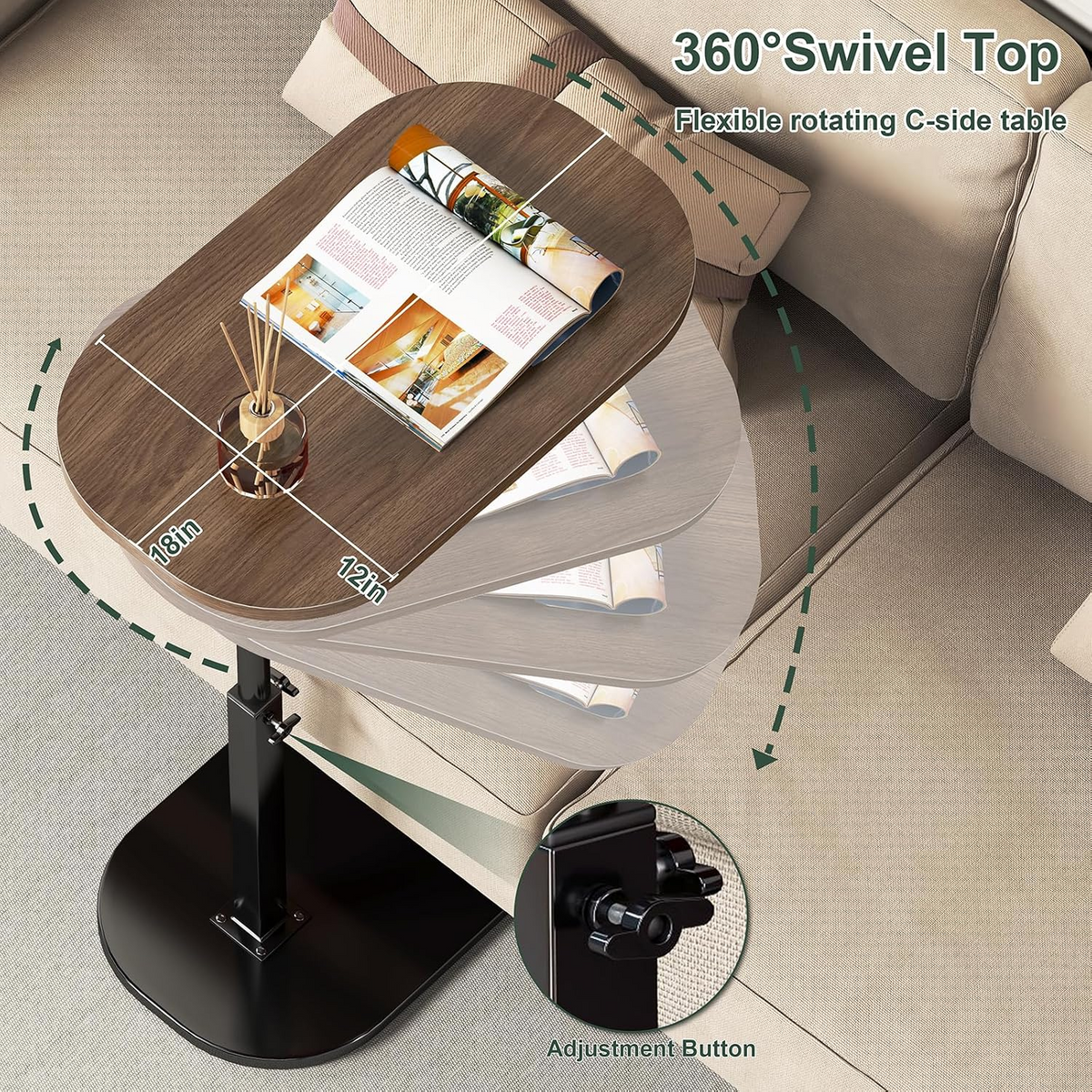 360° Swivel C-Shaped Sofa Side Table | طاولة جانبية للكنبة بتصميم C ودوران 360